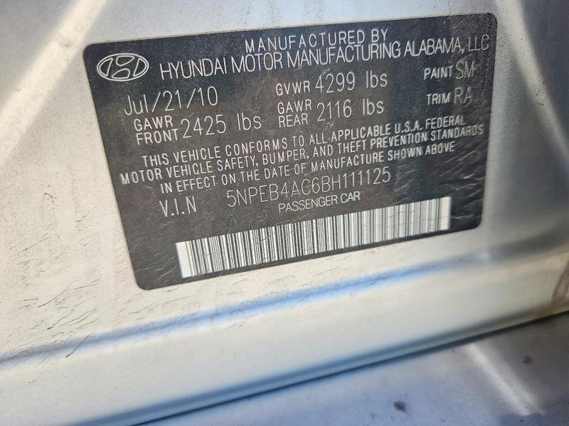 2011 Hyundai Sonata მანქანა იყიდება აუქციონზე, vin: 5NPEB4AC6BH111125, აუქციონის ნომერი: 57196986