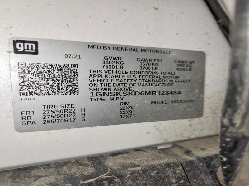 2021 Chevrolet Tahoe მანქანა იყიდება აუქციონზე, vin: 1GNSKSKD6MR428484, აუქციონის ნომერი: 55643076