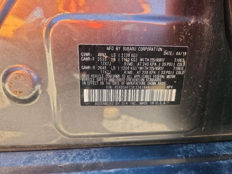 Aukcja sprzedaży 2019 Subaru Outback, vin: 4S4BSAFC5K3343944, numer aukcji: 58289506