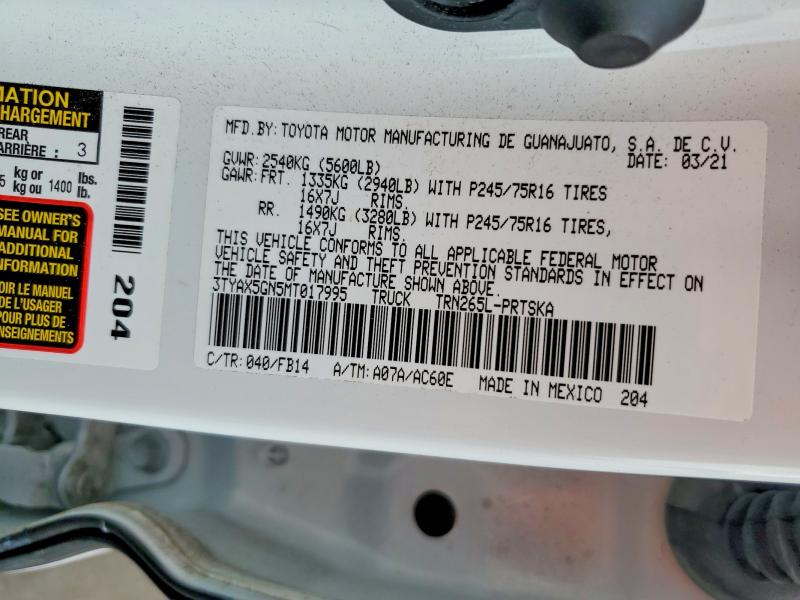 2021 Toyota Tacoma მანქანა იყიდება აუქციონზე, vin: 3TYAX5GN5MT017995, აუქციონის ნომერი: 56068506