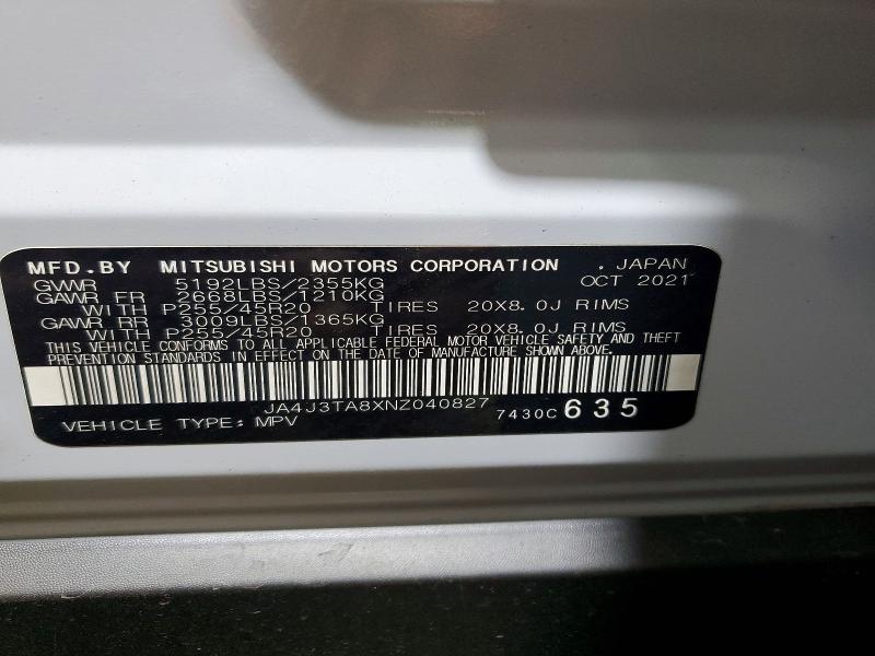 85630475 :رقم المزاد ، JA4J3TA8XNZ040827 vin ، 2022 Mitsubishi Outlander مزاد بيع