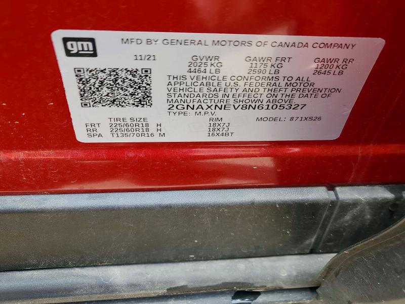 Auction sale of the 2022 Chevrolet Equinox, vin: 2GNAXNEV8N6105327, lot number: 57586806