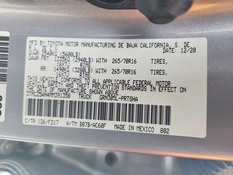 56940066 :رقم المزاد ، 3TMCZ5AN4MM391358 vin ، 2021 Toyota Tacoma مزاد بيع