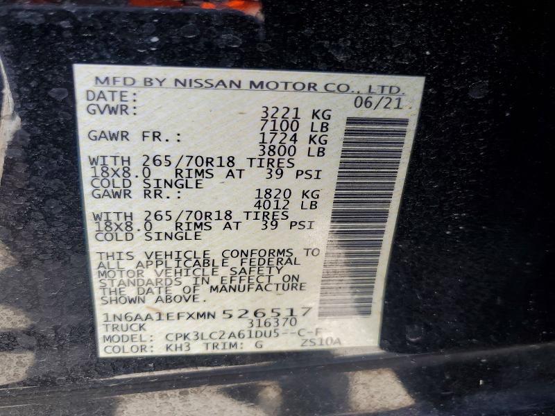 59556096 :رقم المزاد ، 1N6AA1EFXMN526517 vin ، 2021 Nissan Titan مزاد بيع