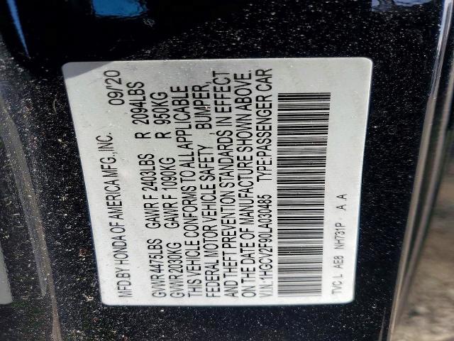 Продаж на аукціоні авто 2020 Honda Accord, vin: 1HGCV2F90LA030485, номер лоту: 56542186