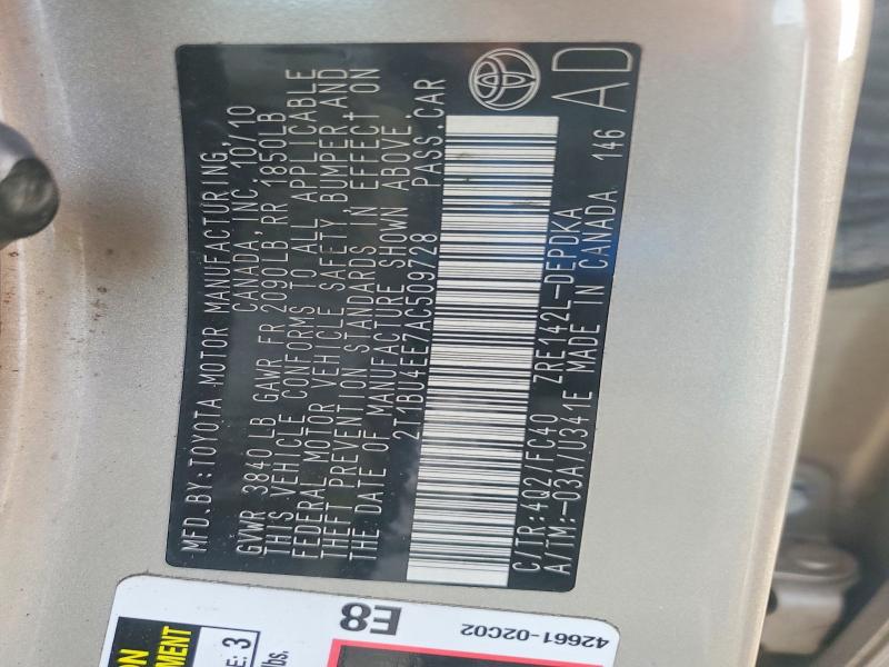 2010 Toyota Corolla მანქანა იყიდება აუქციონზე, vin: 2T1BU4EE7AC509728, აუქციონის ნომერი: 56396296