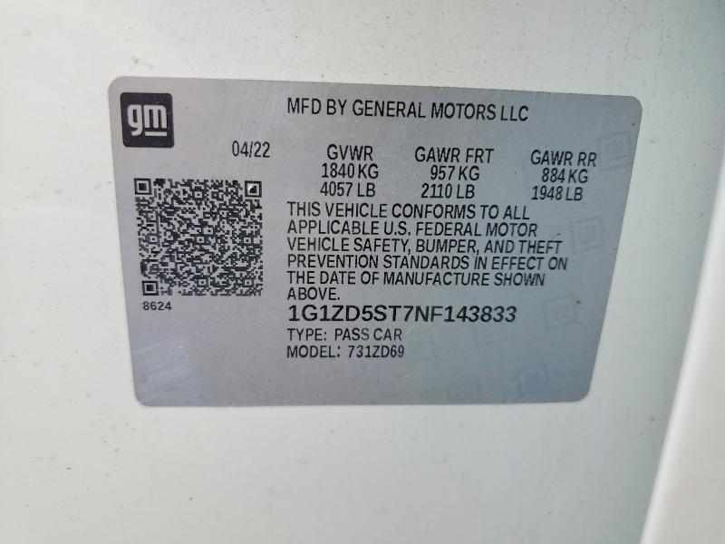 Продажа на аукционе авто 2022 Chevrolet Malibu, vin: 1G1ZD5ST7NF143833, номер лота: 59053426
