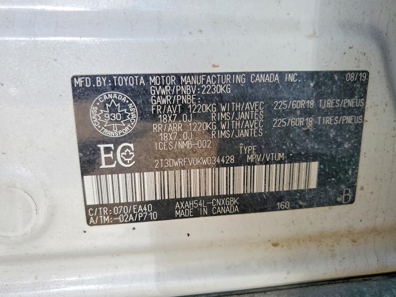 2019 Toyota Rav4 Hybrid მანქანა იყიდება აუქციონზე, vin: 2T3DWRFV0KW034428, აუქციონის ნომერი: 58832246