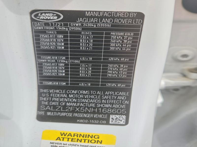 2022 Land Rover Range Rover Evoque მანქანა იყიდება აუქციონზე, vin: SALZL2FX5NH168605, აუქციონის ნომერი: 58414406