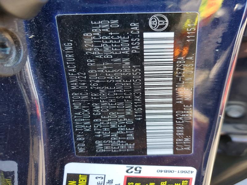 2022 Toyota Camry მანქანა იყიდება აუქციონზე, vin: 4T1G11AK3NU050551, აუქციონის ნომერი: 57086596