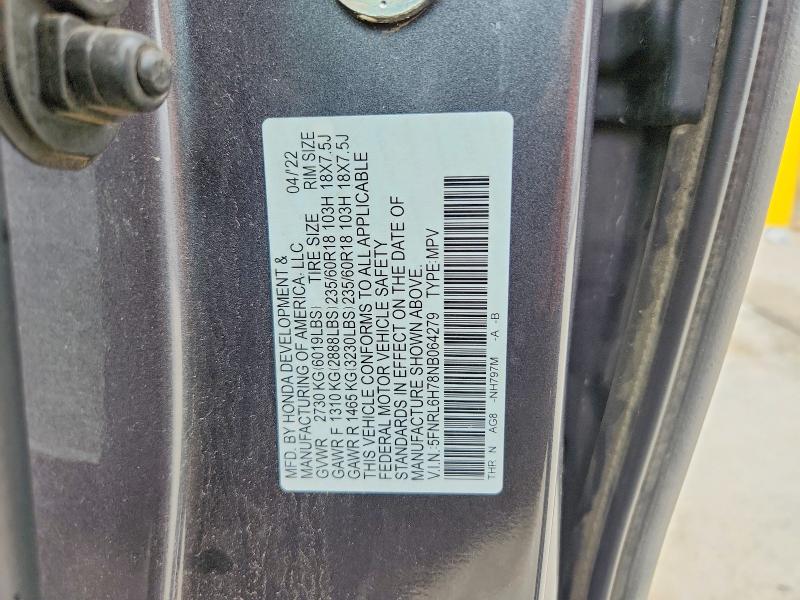 Aukcja sprzedaży 2022 Honda Odyssey, vin: 5FNRL6H78NB064279, numer aukcji: 57416426