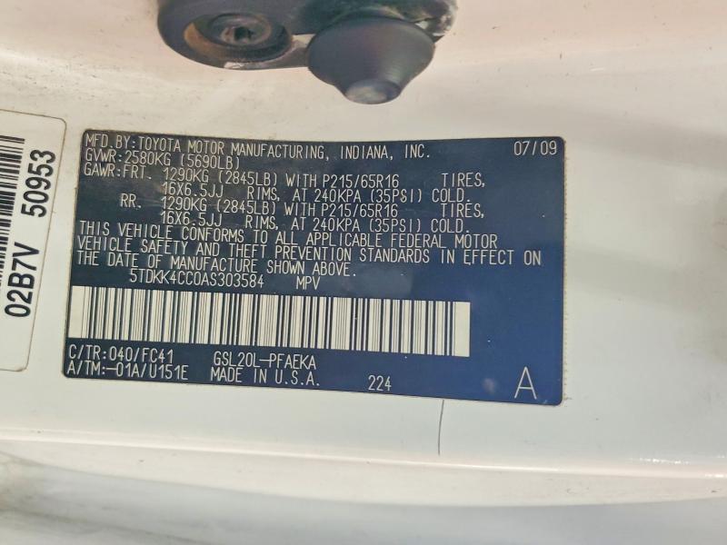 Продаж на аукціоні авто 2010 Toyota Sienna, vin: 5TDKK4CC0AS303584, номер лоту: 58843216