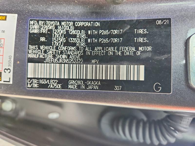 2022 Toyota 4runner მანქანა იყიდება აუქციონზე, vin: JTEFU5JR3N5252372, აუქციონის ნომერი: 58133516