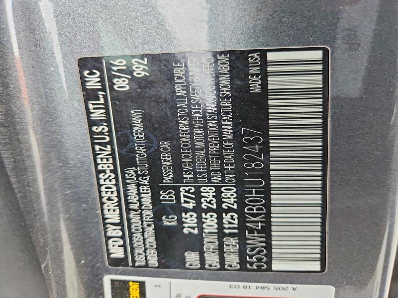 56848446 :رقم المزاد ، 55SWF4KB0HU182437 vin ، 2017 Mercedes-benz C مزاد بيع