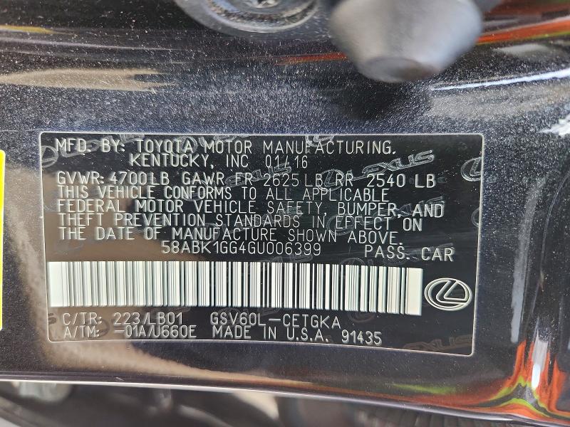 57178006 :رقم المزاد ، 58ABK1GG4GU006399 vin ، 2016 Lexus Es مزاد بيع