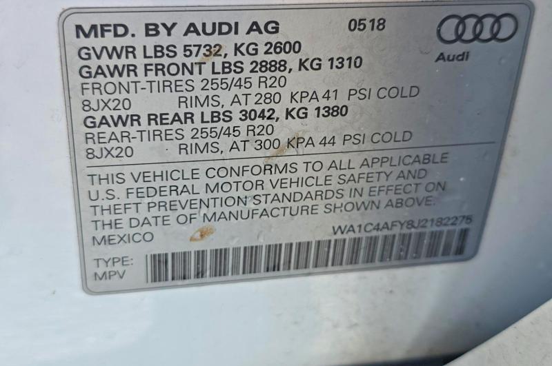 Aukcja sprzedaży 2018 Audi Sq5, vin: WA1C4AFY8J2182275, numer aukcji: 58478766