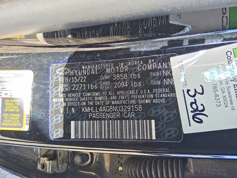 58362186 :رقم المزاد ، KMHLL4AG8NU329158 vin ، 2022 Hyundai Elantra مزاد بيع