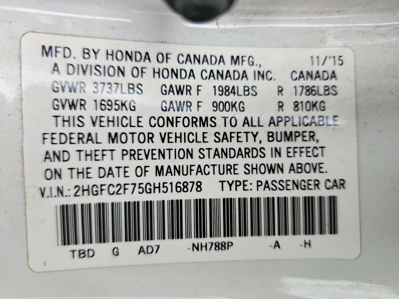 55900206 :رقم المزاد ، 2HGFC2F75GH516878 vin ، 2016 Honda Civic مزاد بيع