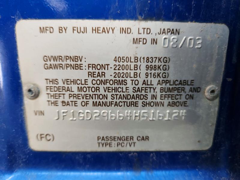 Продажа на аукционе авто 2004 Subaru Impreza, vin: JF1GD29664H516124, номер лота: 55979596