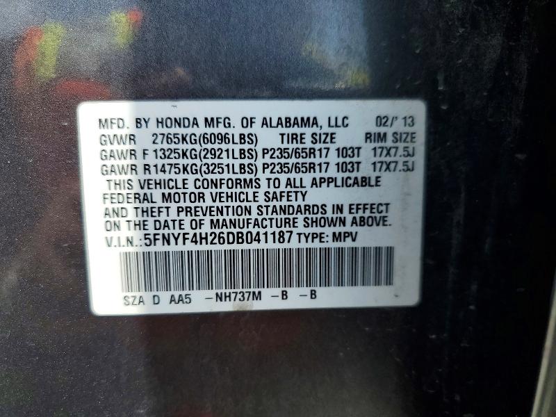 56507346 :رقم المزاد ، 5FNYF4H26DB041187 vin ، 2013 Honda Pilot مزاد بيع