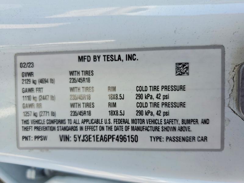 Продажа на аукционе авто 2023 Tesla Model 3, vin: 5YJ3E1EA6PF496150, номер лота: 57576646