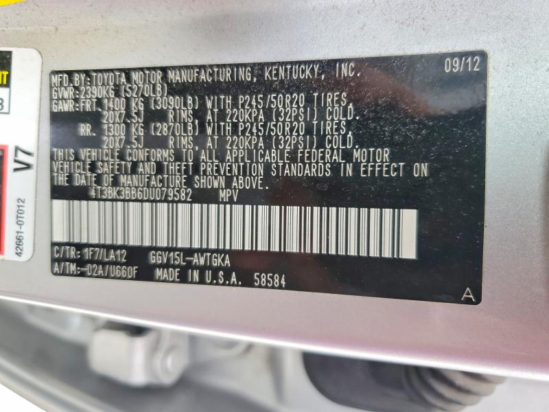 59135286 :رقم المزاد ، 4T3BK3BB6DU079582 vin ، 2013 Toyota Venza مزاد بيع