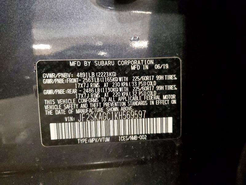 Продаж на аукціоні авто 2019 Subaru Forester, vin: JF2SKAGC1KH569597, номер лоту: 55733496