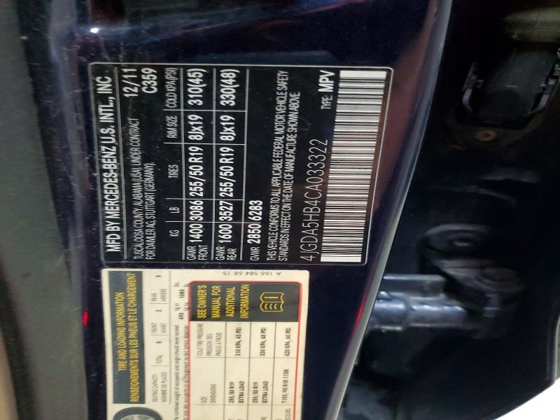 Aukcja sprzedaży 2012 Mercedes-benz Ml, vin: 4JGDA5HB4CA033322, numer aukcji: 57957066