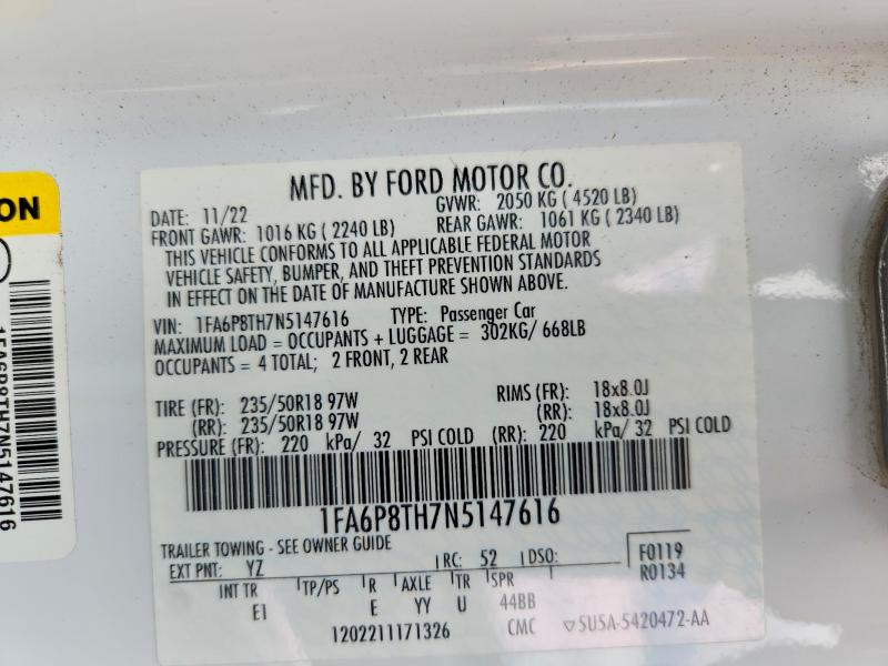 55809406 :رقم المزاد ، 1FA6P8TH7N5147616 vin ، 2022 Ford Mustang مزاد بيع