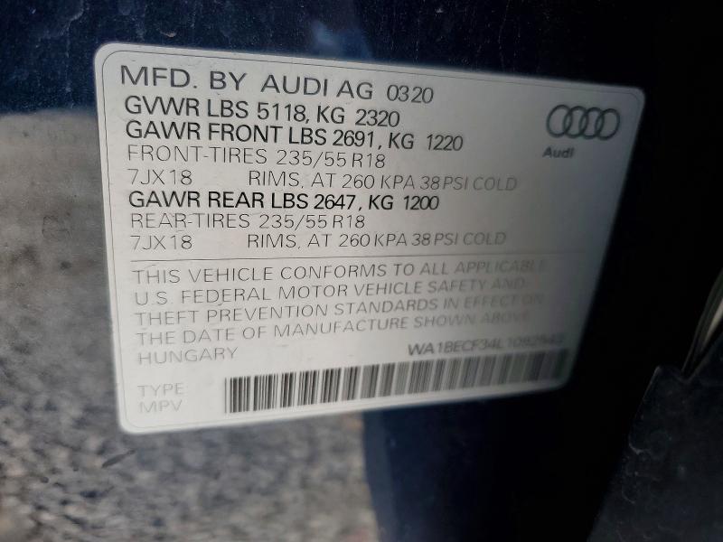 2020 Audi Q3 მანქანა იყიდება აუქციონზე, vin: WA1BECF34L1092543, აუქციონის ნომერი: 56286686