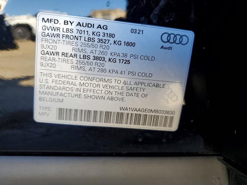 2021 Audi E-tron მანქანა იყიდება აუქციონზე, vin: WA1VAAGE0MB033630, აუქციონის ნომერი: 55757926