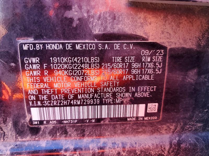 2024 Honda Hr-v მანქანა იყიდება აუქციონზე, vin: 3CZRZ2H74RM729939, აუქციონის ნომერი: 57667256