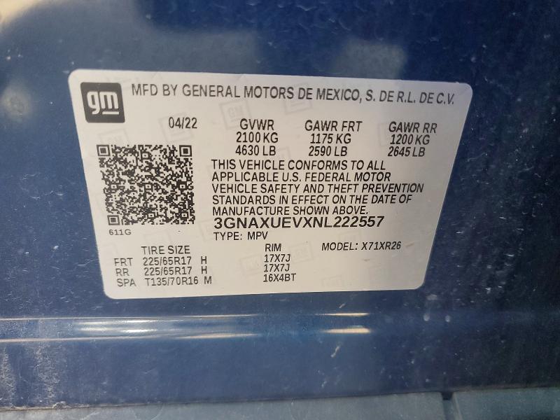 55371436 :رقم المزاد ، 3GNAXUEVXNL222557 vin ، 2022 Chevrolet Equinox مزاد بيع