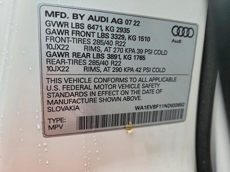 2022 Audi Q8 მანქანა იყიდება აუქციონზე, vin: WA1EVBF11ND033652, აუქციონის ნომერი: 58804906
