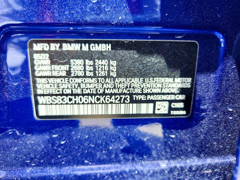 59110646 :رقم المزاد ، WBS83CH06NCK64273 vin ، 2022 Bmw M5 مزاد بيع