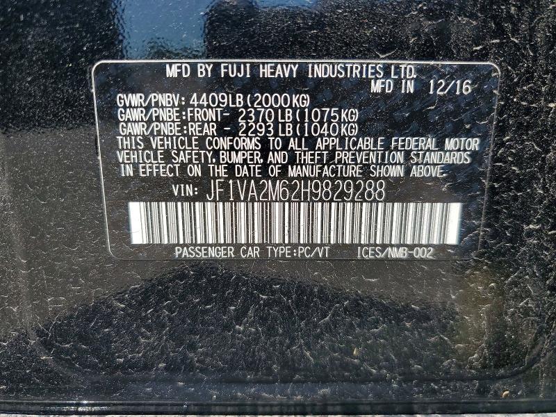 2017 Subaru Wrx მანქანა იყიდება აუქციონზე, vin: JF1VA2M62H9829288, აუქციონის ნომერი: 57405086
