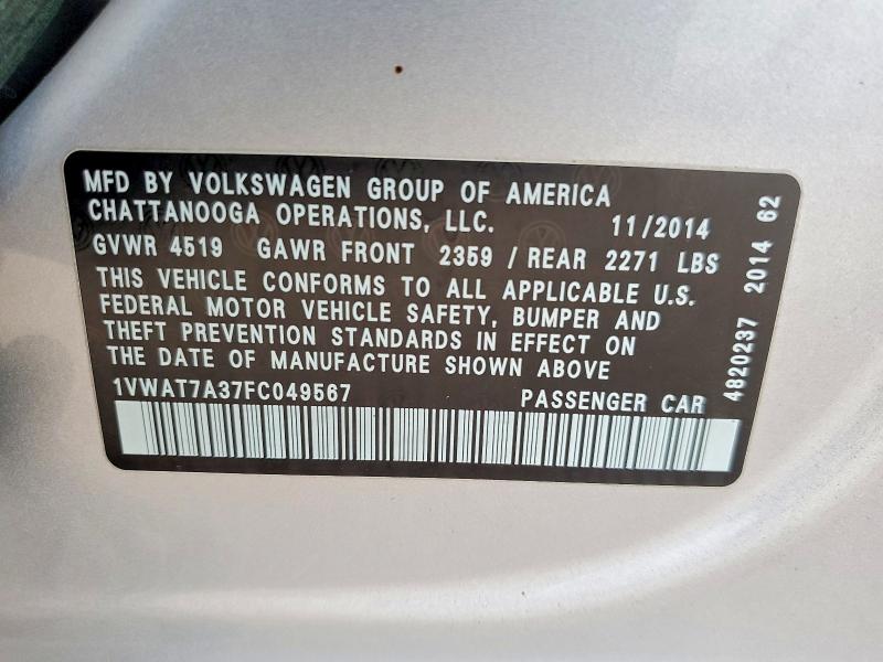 57435526 :رقم المزاد ، 1VWAT7A37FC049567 vin ، 2015 Volkswagen Passat مزاد بيع