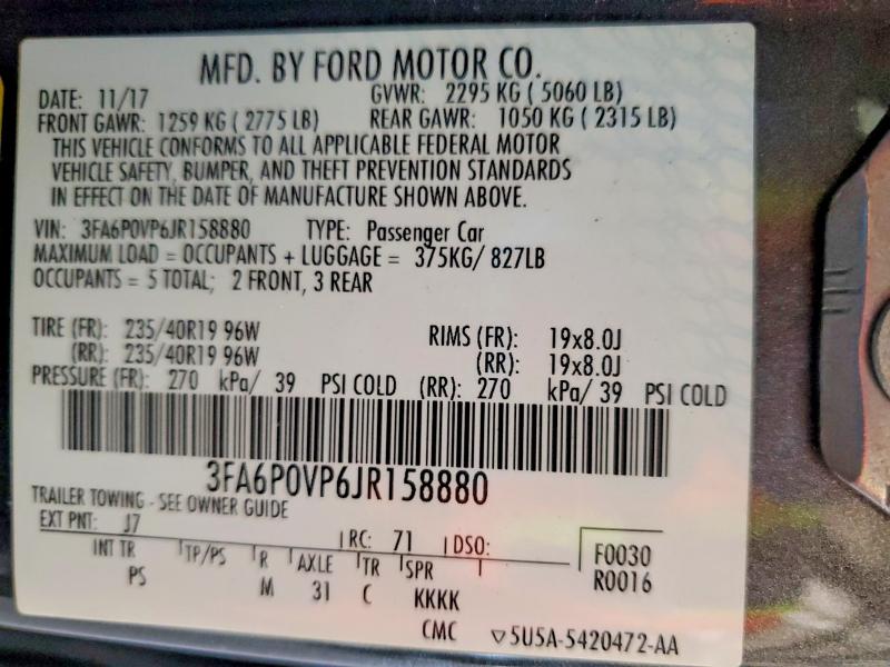 Продаж на аукціоні авто 2018 Ford Fusion, vin: 3FA6P0VP6JR158880, номер лоту: 56062566