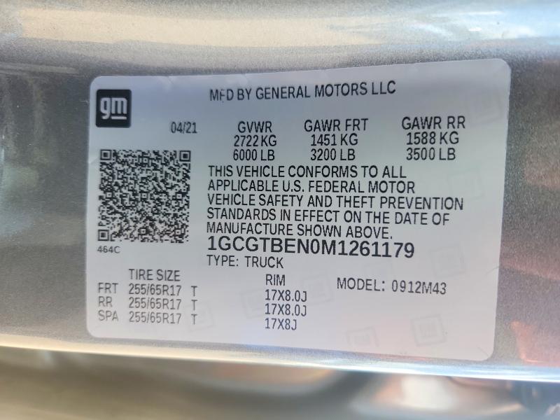 2021 Chevrolet Colorado მანქანა იყიდება აუქციონზე, vin: 1GCGTBEN0M1261179, აუქციონის ნომერი: 57714386