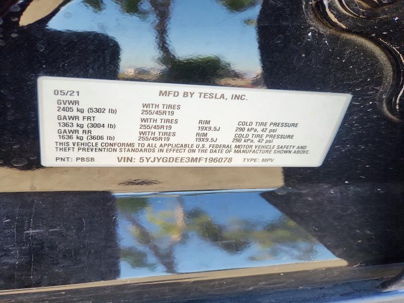 55674156 :رقم المزاد ، 5YJYGDEE3MF196078 vin ، 2021 Tesla Model Y مزاد بيع