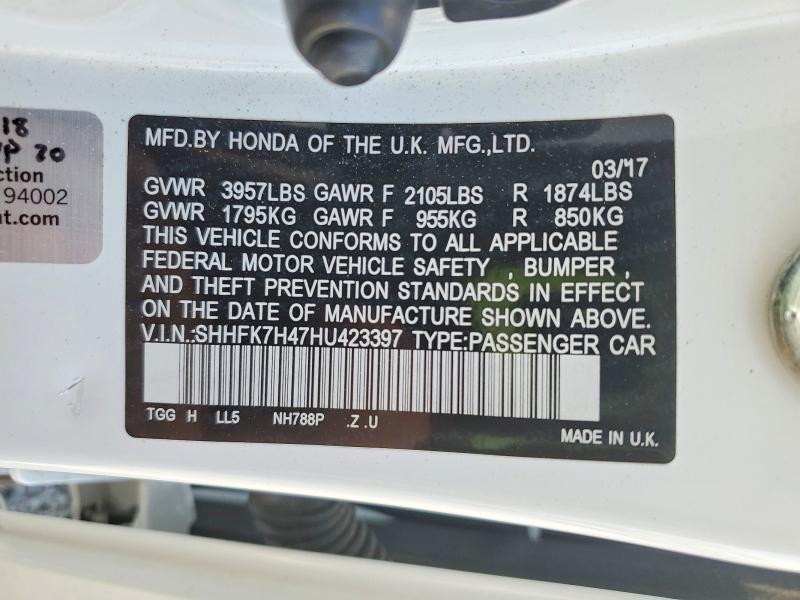 Продаж на аукціоні авто 2017 Honda Civic, vin: SHHFK7H47HU423397, номер лоту: 57088016