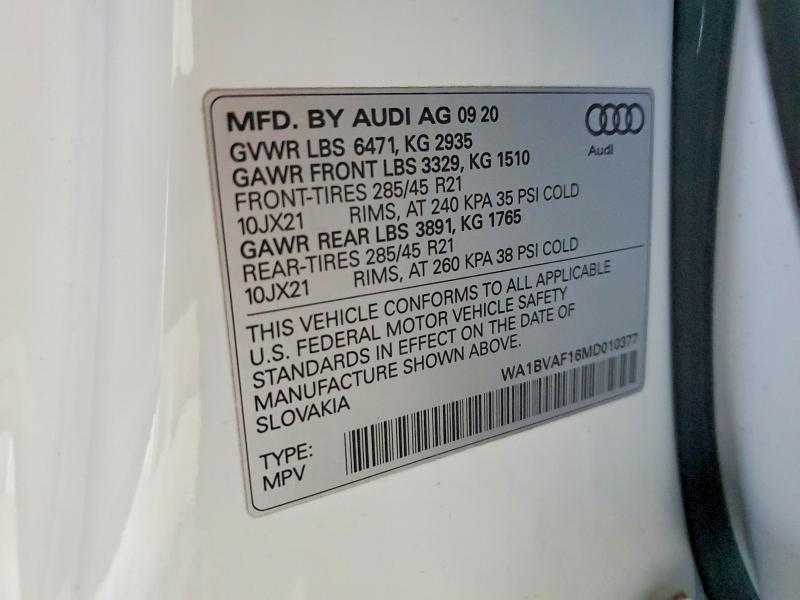 Продаж на аукціоні авто 2021 Audi Q8, vin: WA1BVAF16MD010377, номер лоту: 55844116
