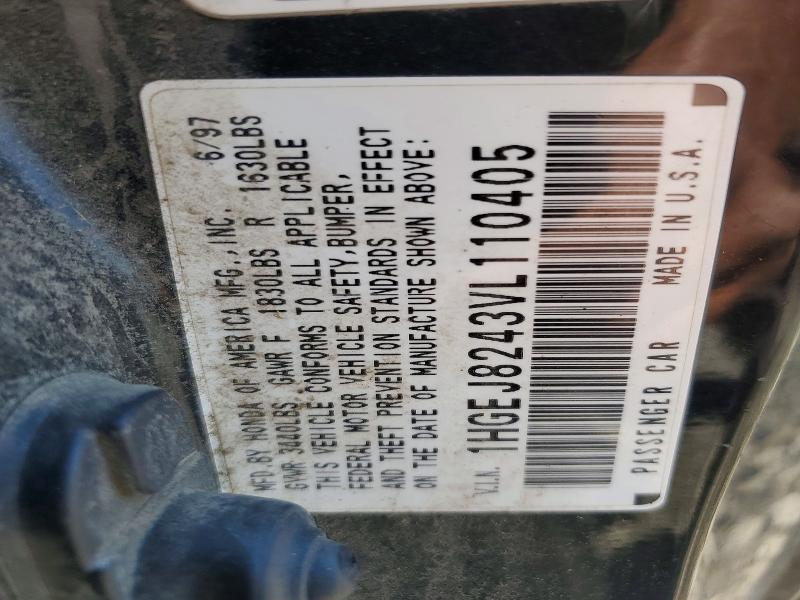 1997 Honda Civic მანქანა იყიდება აუქციონზე, vin: 1HGEJ8243VL110405, აუქციონის ნომერი: 56880696