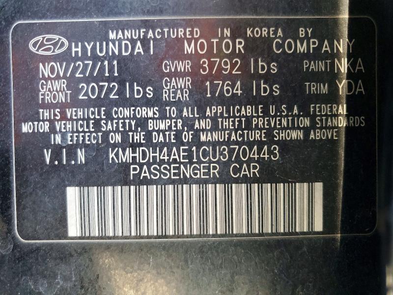 Продаж на аукціоні авто 2012 Hyundai Elantra, vin: KMHDH4AE1CU370443, номер лоту: 56092536