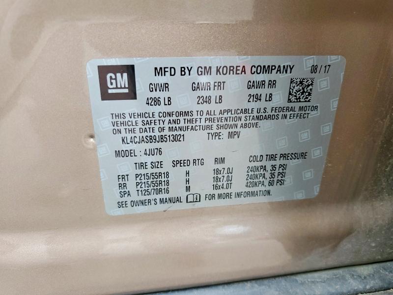 56718056 :رقم المزاد ، KL4CJASB9JB513021 vin ، 2018 Buick Encore مزاد بيع