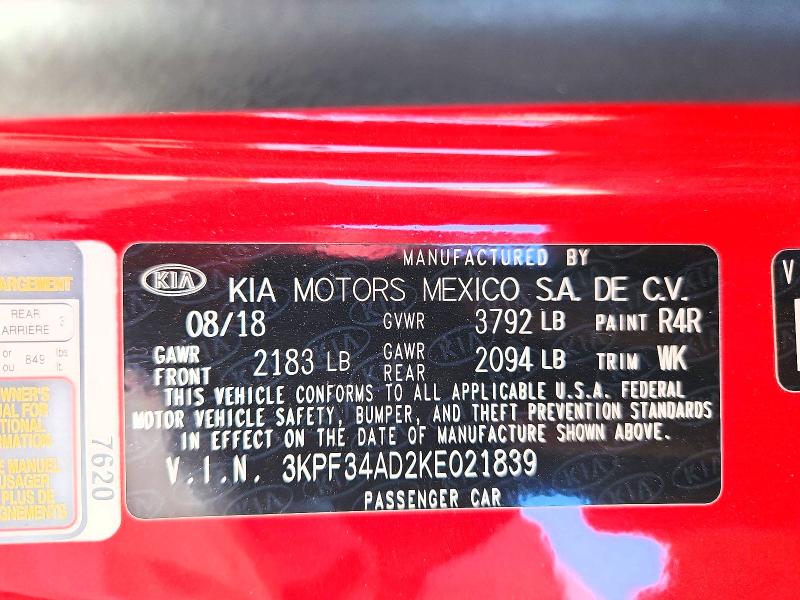2019 Kia Forte მანქანა იყიდება აუქციონზე, vin: 3KPF34AD2KE021839, აუქციონის ნომერი: 55818026