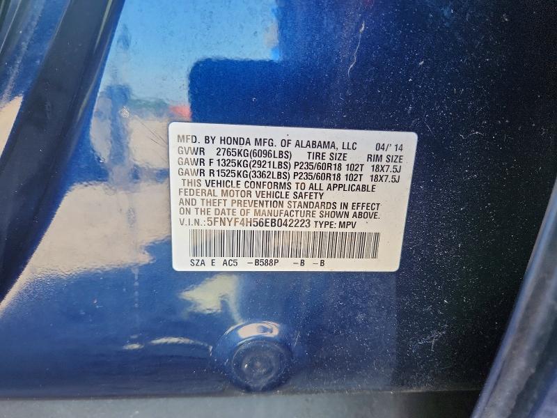 59153786 :رقم المزاد ، 5FNYF4H56EB042223 vin ، 2014 Honda Pilot مزاد بيع
