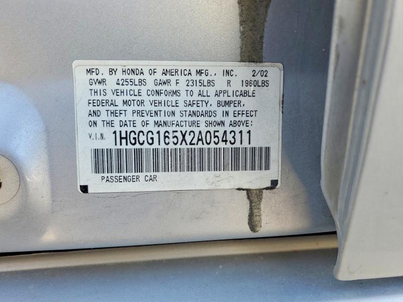 Aukcja sprzedaży 2002 Honda Accord, vin: 1HGCG165X2A054311, numer aukcji: 58148226