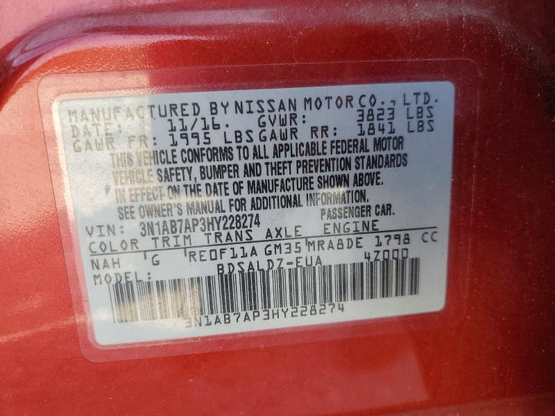 Aukcja sprzedaży 2017 Nissan Sentra, vin: 3N1AB7AP3HY228274, numer aukcji: 55820506
