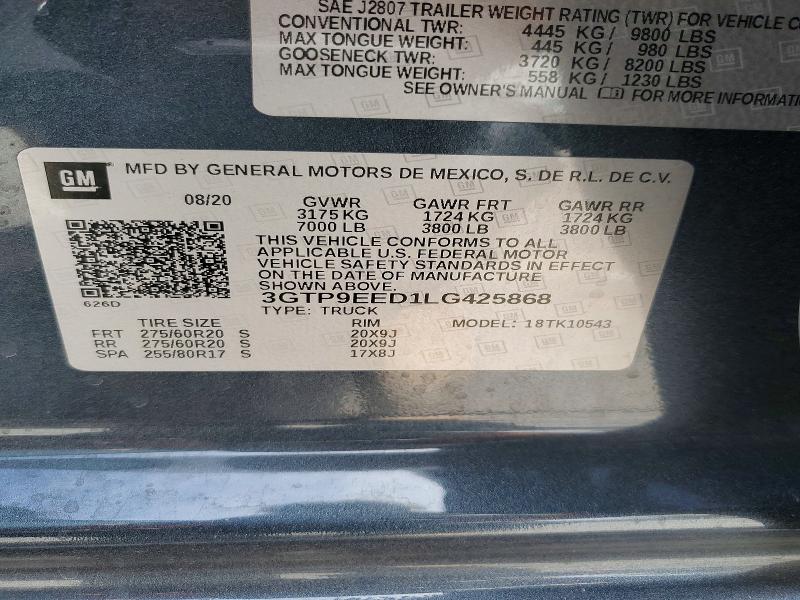Aukcja sprzedaży 2020 Gmc Sierra, vin: 3GTP9EED1LG425868, numer aukcji: 56646926